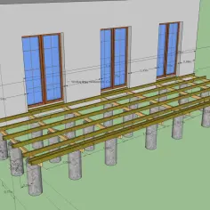 Projekt tarasu z widocznymi legarami podtrzymywanymi przez betonowe słupy. Wymiary konstrukcji są zaznaczone na rysunku.