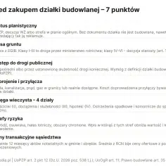 Lista 7 punktów przed zakupem działki budowlanej, w tym status planistyczny, klasa gruntu, dostęp do drogi, uzbrojenie, księga wieczysta, strefy ryzyka i ceny transakcyjne sąsiedztwa.