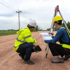Dwóch geodetów w kaskach i kamizelkach odblaskowych analizuje dokumenty przy tachimetrze na budowie.