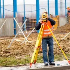 Geodeta w kamizelce odblaskowej mierzy teren za pomocą tachimetru na budowie.