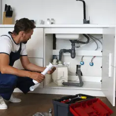 Hydraulik w niebieskim ogrodniczkach naprawia syfon pod zlewem. Zastanawiasz się, ile zarabia hydraulik?