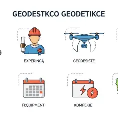 Ikony: mapa, geodeta, dron, urządzenie GPS, teren, kalendarz, Polska.