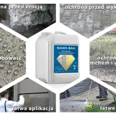 Impregnat NANO-BAU zapewnia hydrofobowość betonu, chroniąc go przed erozją, wykwitami, mchem i glonami. Łatwa aplikacja i mycie.