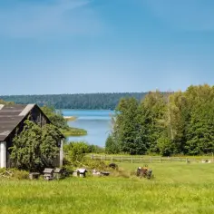 Malownicza działka siedliskowa z drewnianą stodołą, jeziorem w tle i zielonymi drzewami.