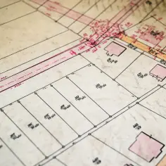 Stary plan geodezyjny z zaznaczonymi działkami i budynkami. Widoczny identyfikator działki ewidencyjnej oraz wymiary.
