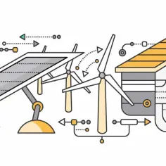 Ilustracja przedstawia dom pasywny zasilany energią słoneczną i wiatrową. Schemat pokazuje przepływ energii.