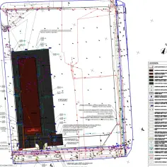 Mapa do celów projektowych z zaznaczonymi elementami infrastruktury, budynkami i sieciami.