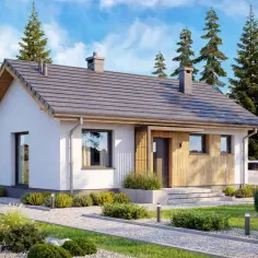 Nowoczesny dom do 70m2 z drewnianymi elementami, otoczony zielenią i sosnami.