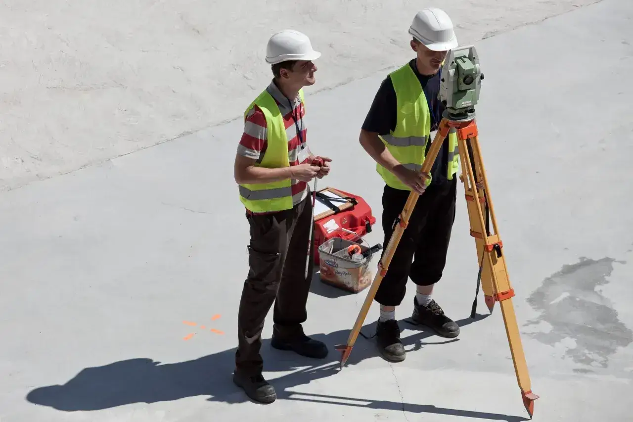 Dwóch geodetów w kamizelkach odblaskowych i kaskach pracuje z niwelatorem. Zastanawiasz się, ile zarabia geodeta w Niemczech?