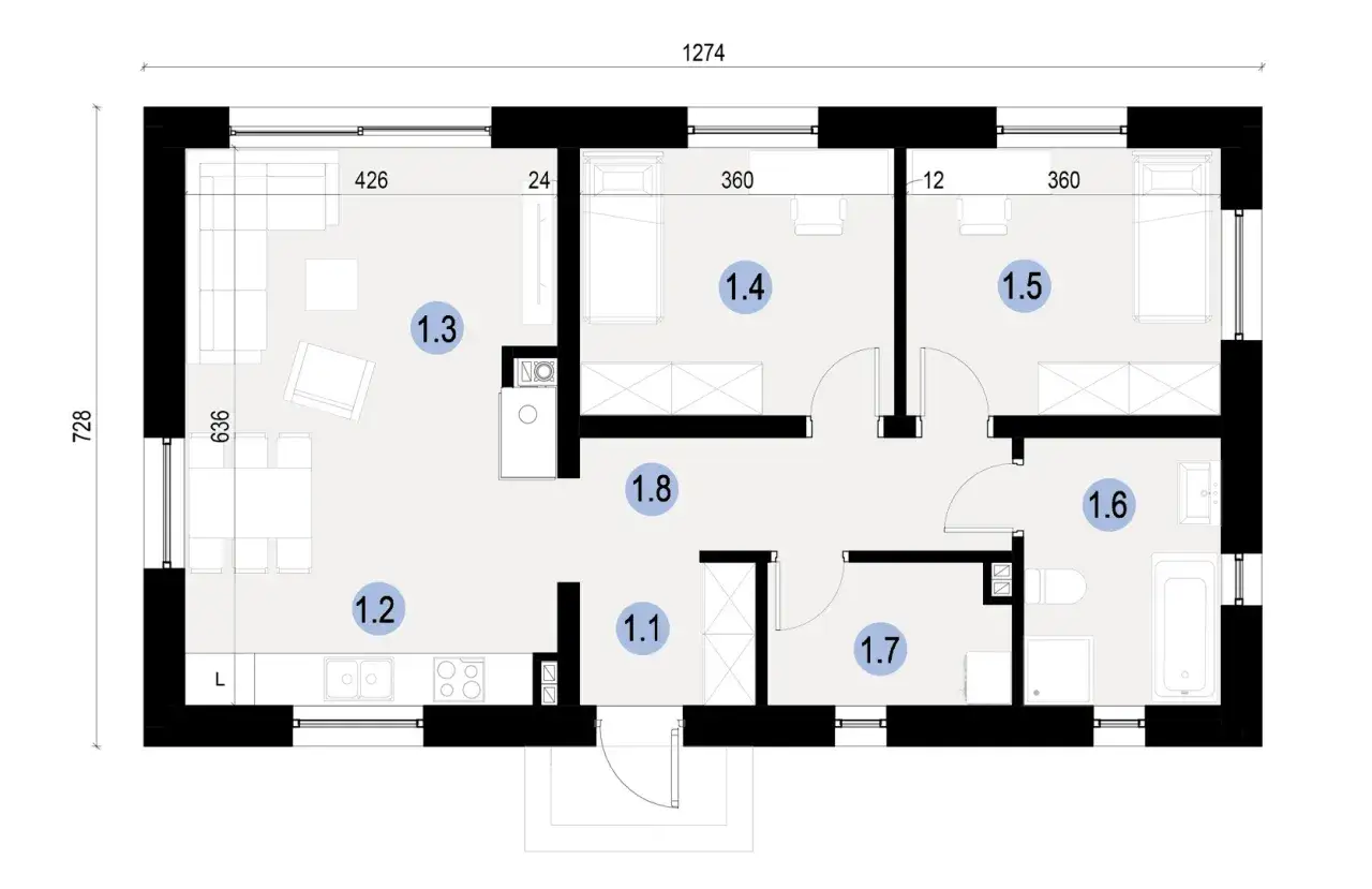 Projekt domu do 70m2: salon z aneksem kuchennym, 3 sypialnie, łazienka i WC.