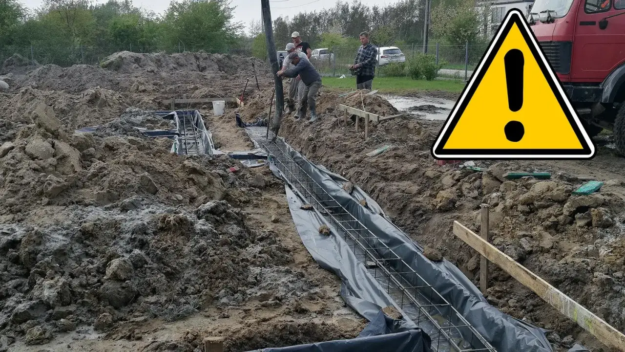 Prace budowlane: wykopy pod fundamenty, zalewanie betonem z betonomieszarki.