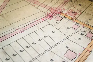 Stary plan geodezyjny z zaznaczonymi działkami i budynkami. Widoczny identyfikator działki ewidencyjnej oraz wymiary.