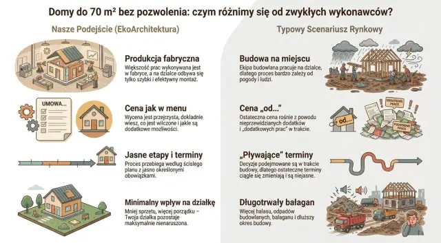 Domy na zgłoszenie: fabryczna produkcja, jasne ceny i terminy, minimalny wpływ na działkę. Kontrastuje z budową na miejscu, niepewnymi cenami i terminami.
