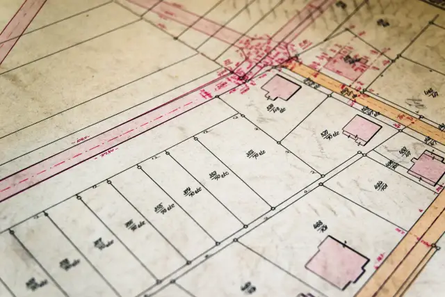 Stary plan geodezyjny z zaznaczonymi działkami i budynkami. Widoczny identyfikator działki ewidencyjnej oraz wymiary.