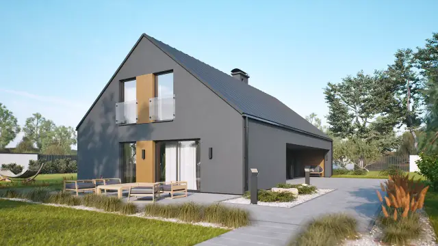 Nowoczesny dom z szarą elewacją, drewnianymi akcentami i tarasem. Idealny projekt, by oszacować koszt elewacji domu.